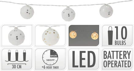 Svetlo vianočné 10 LED teplé biele, guličky, s časovačom, baterky